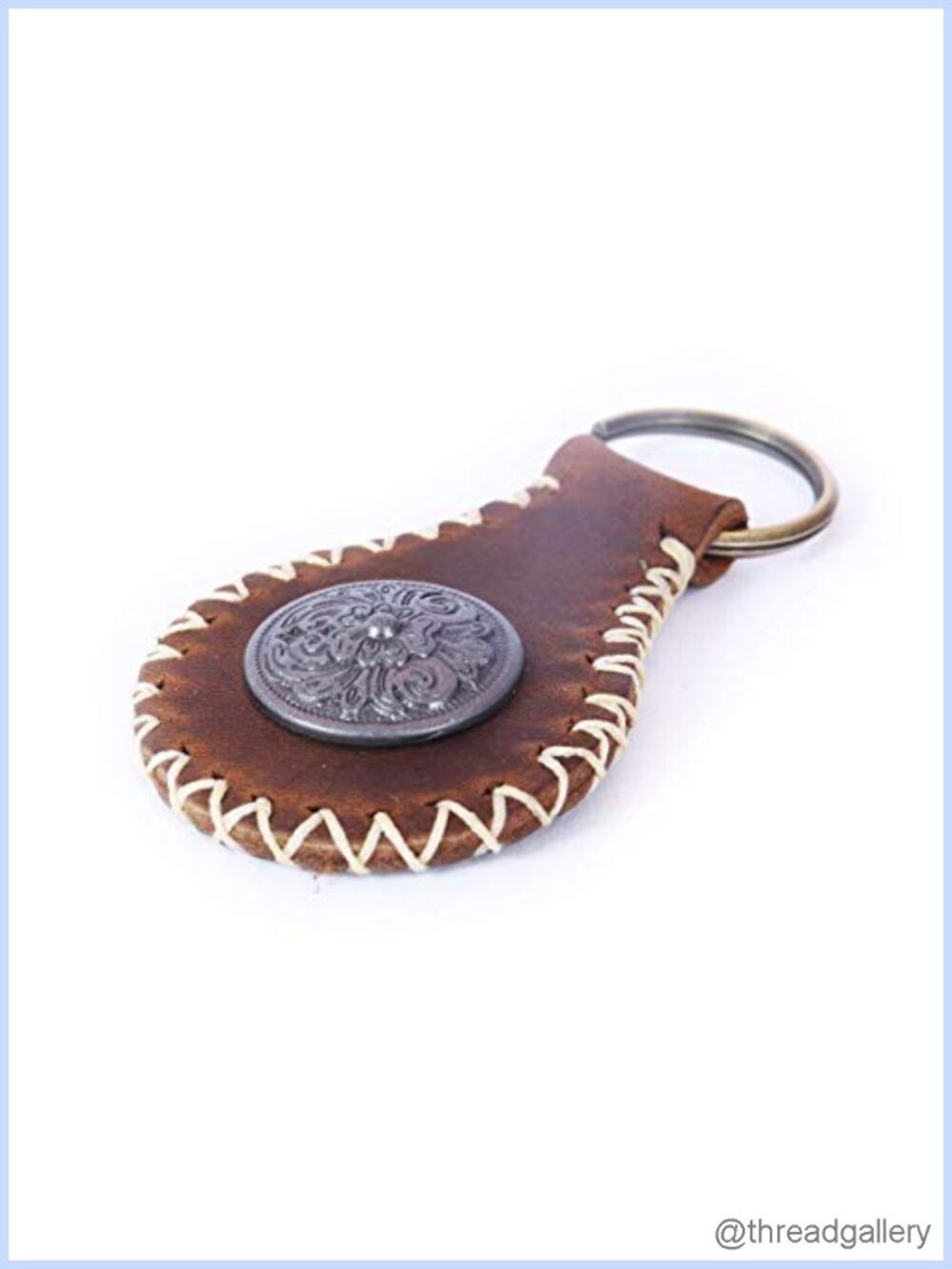 Handmade Genuine Cowhide Leather Keychain Floral Concho Cross Stitch Teardrop
